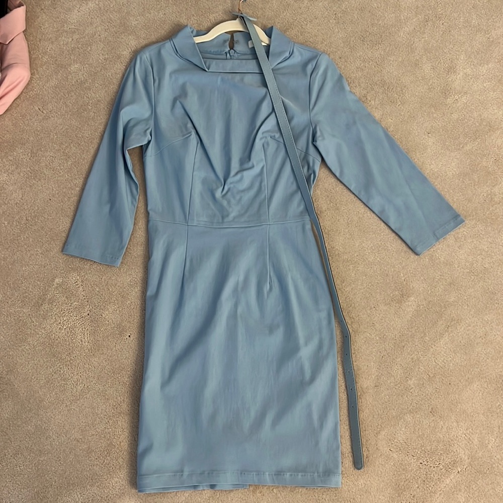 Pastel blue three-quarter sleeve work dress with belt 50s style